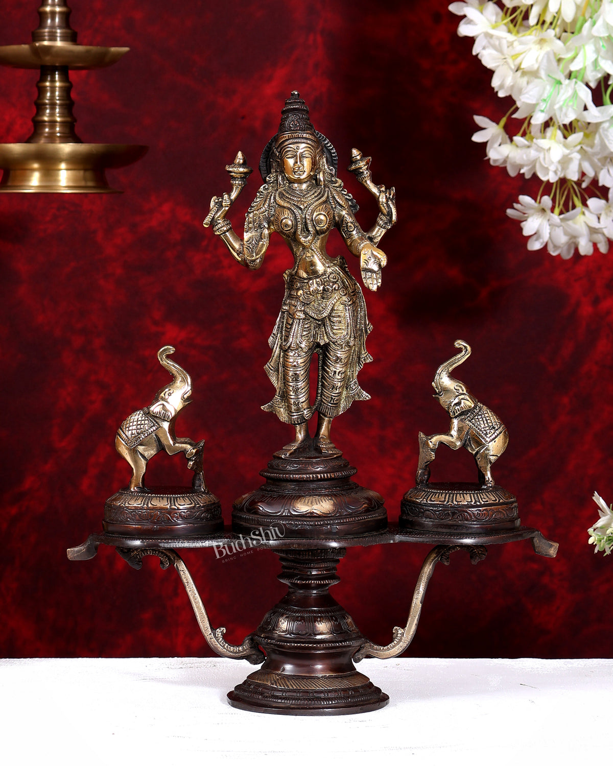 Brass standing Goddess Lakshmi with Two Elephants — Gajalakshmi Masterpiece 14.5 inch dual tone