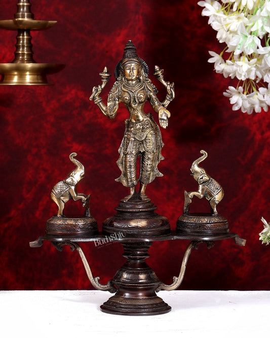 Brass standing Goddess Lakshmi with Two Elephants — Gajalakshmi Masterpiece 14.5 inch dual tone