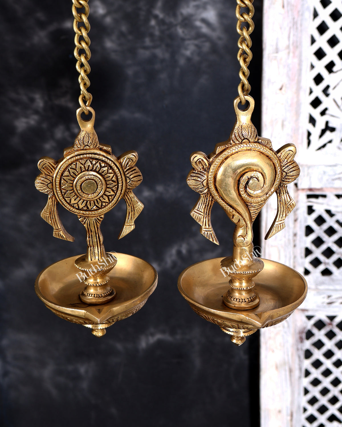 Brass Hanging Shankh and Chakra Lamp with Single Diya — Unique Design
