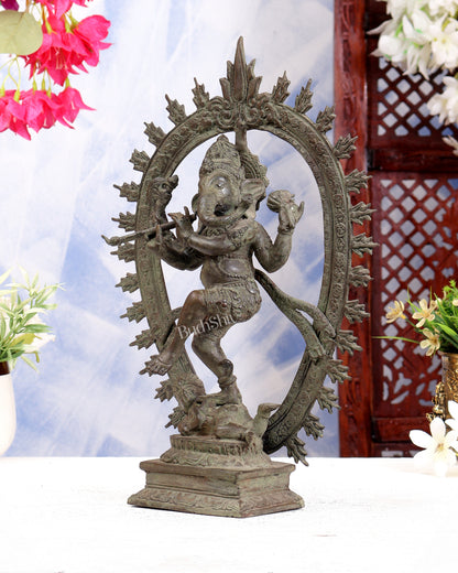 Bronze Dancing Ganesha Nataraja Playing Flute  Arch – Patina Finish 13 inch