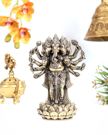Brass Standing Panchmukhi Ganesha on Lotus – Superfine Divine Sculpture (6.2 Inches)