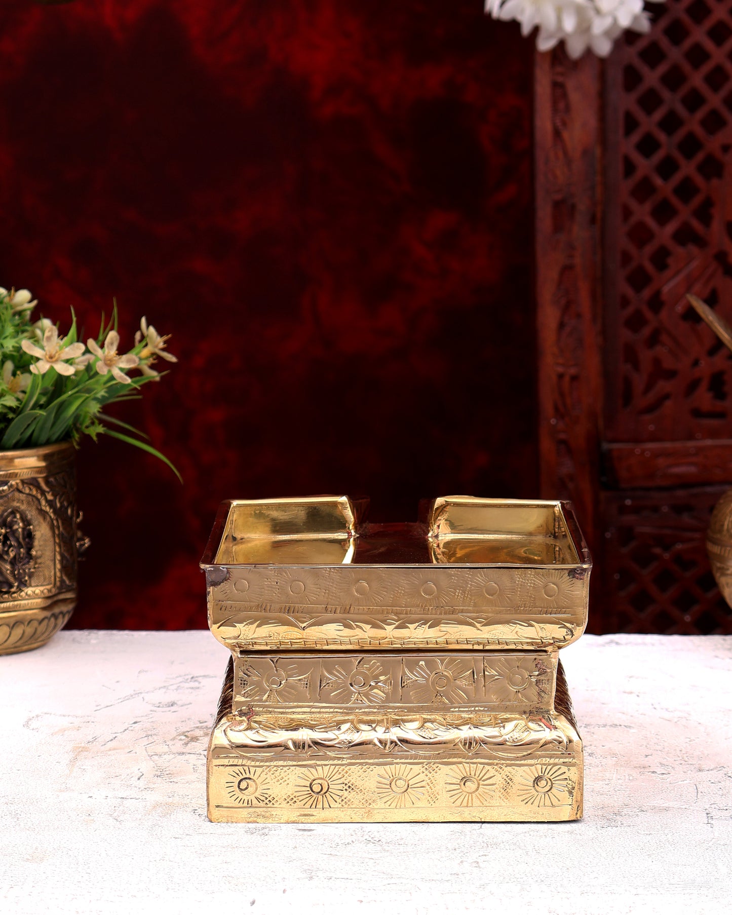 Premium Brass Abhishekam Patra with 8.5-Inch Idol Platform – Traditional Pooja Essential