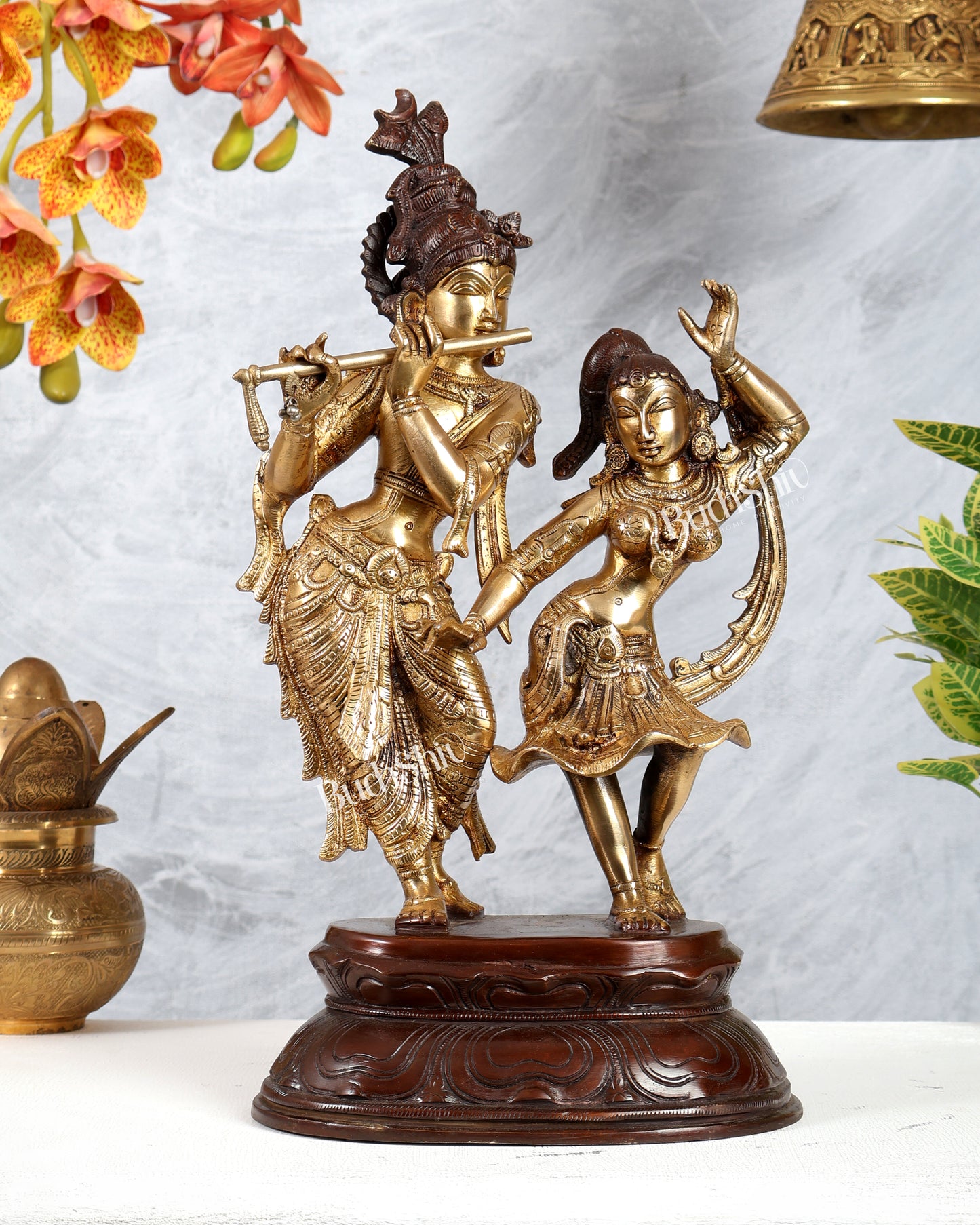 Brass Dancing Radha Krishna Statue – Dual Tone Finish Divine Sculpture (16 Inches)
