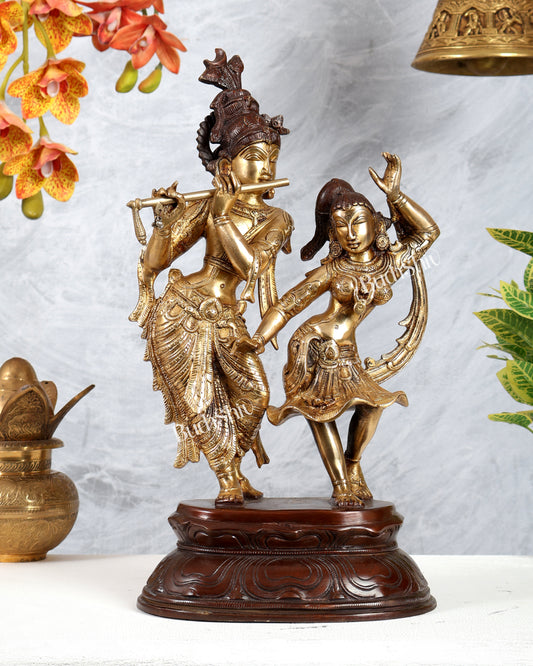 Brass Dancing Radha Krishna Statue – Dual Tone Finish Divine Sculpture (16 Inches)