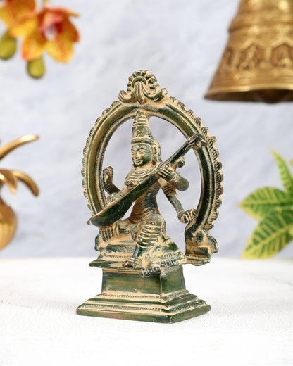 Brass Traditional Goddess Saraswati Idol – Vintage Green Sand Finish Miniature Statue (4.3 Inches)