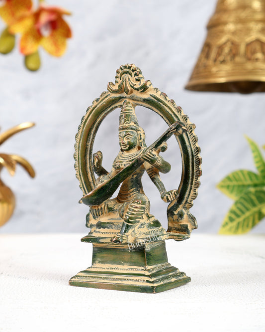 Brass Traditional Goddess Saraswati Idol – Vintage Green Sand Finish Miniature Statue (4.3 Inches)