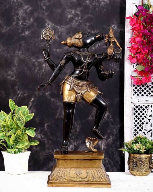 Pure Brass Large Bhoo Varaha Lakshmi Statue – 24" Black edition