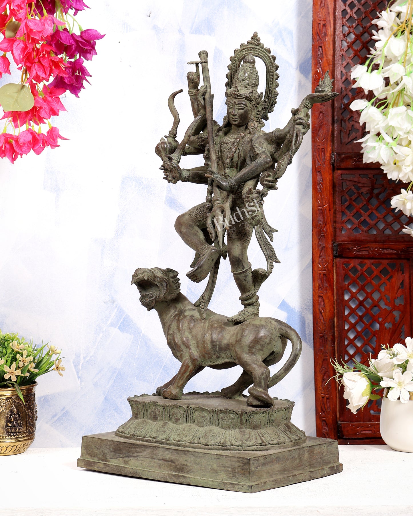 Bronze Fierce Kali Standing on Lion Statue | Patina Finish | 29 Inch Large Sculpture