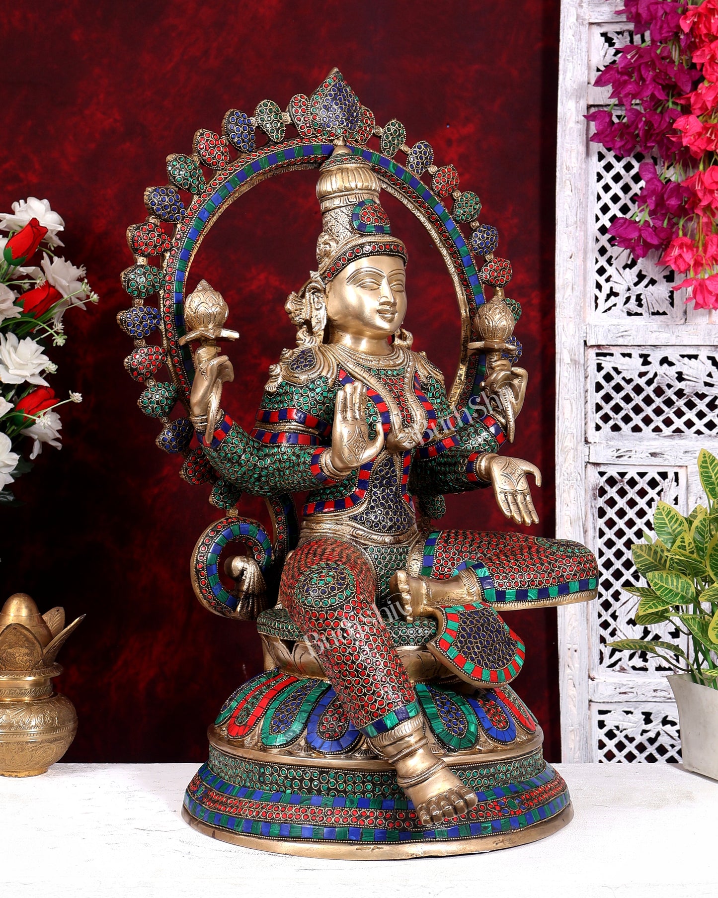 Pure Brass Large Lakshmi Devi Statue with Stonework – 27 inch
