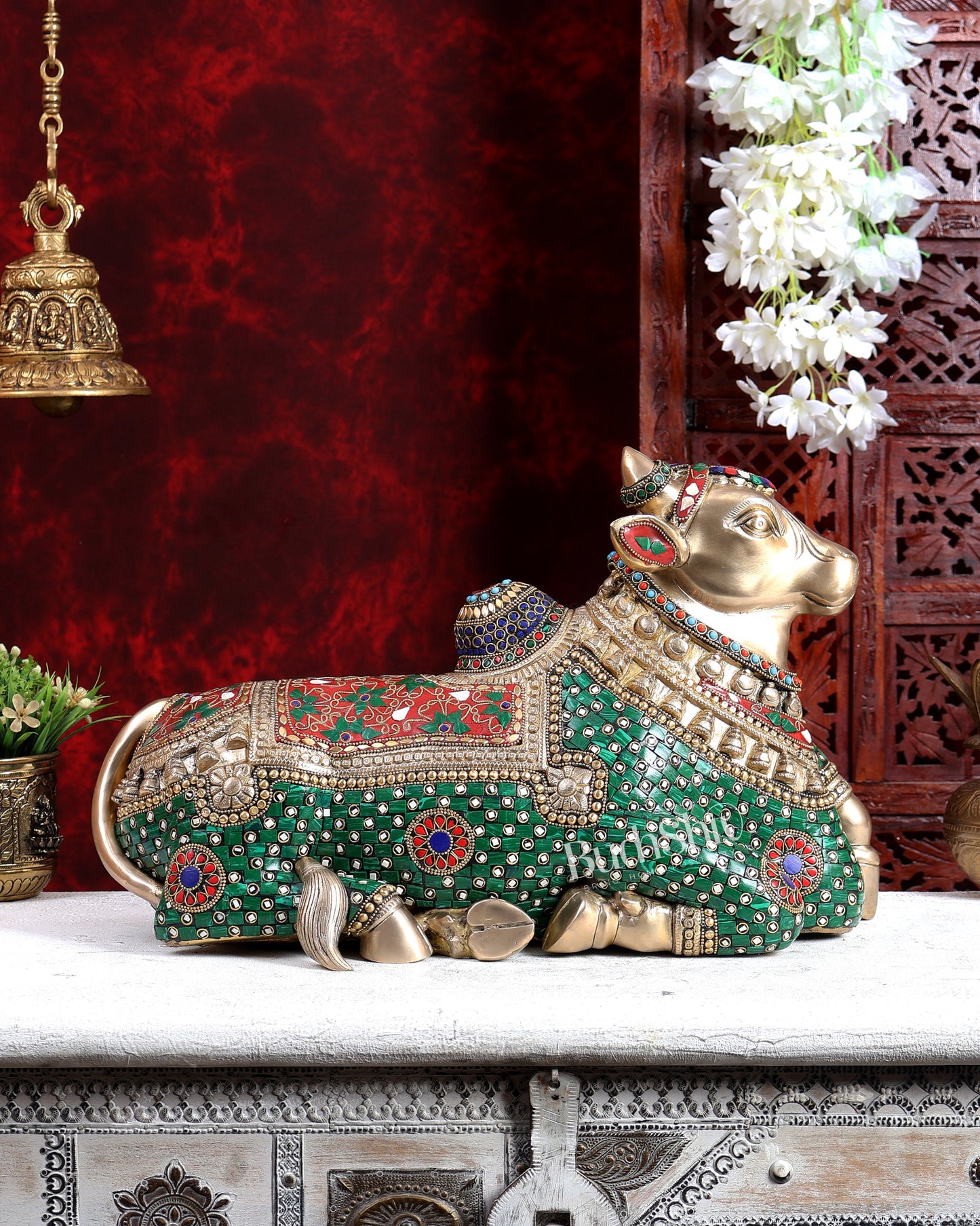 Brass Superfine Nandi Sculpture with Enhanced Carvings 18 inch with Stonework