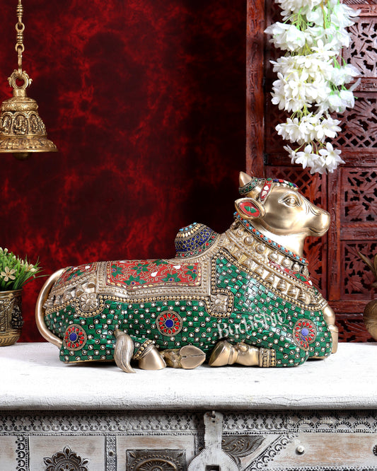 Brass Superfine Nandi Sculpture with Enhanced Carvings 18 inch with Stonework