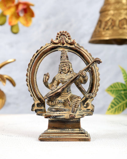 Brass Traditional Goddess Saraswati Idol – Vintage Copper Sand Finish Miniature Statue (4.3 Inches)