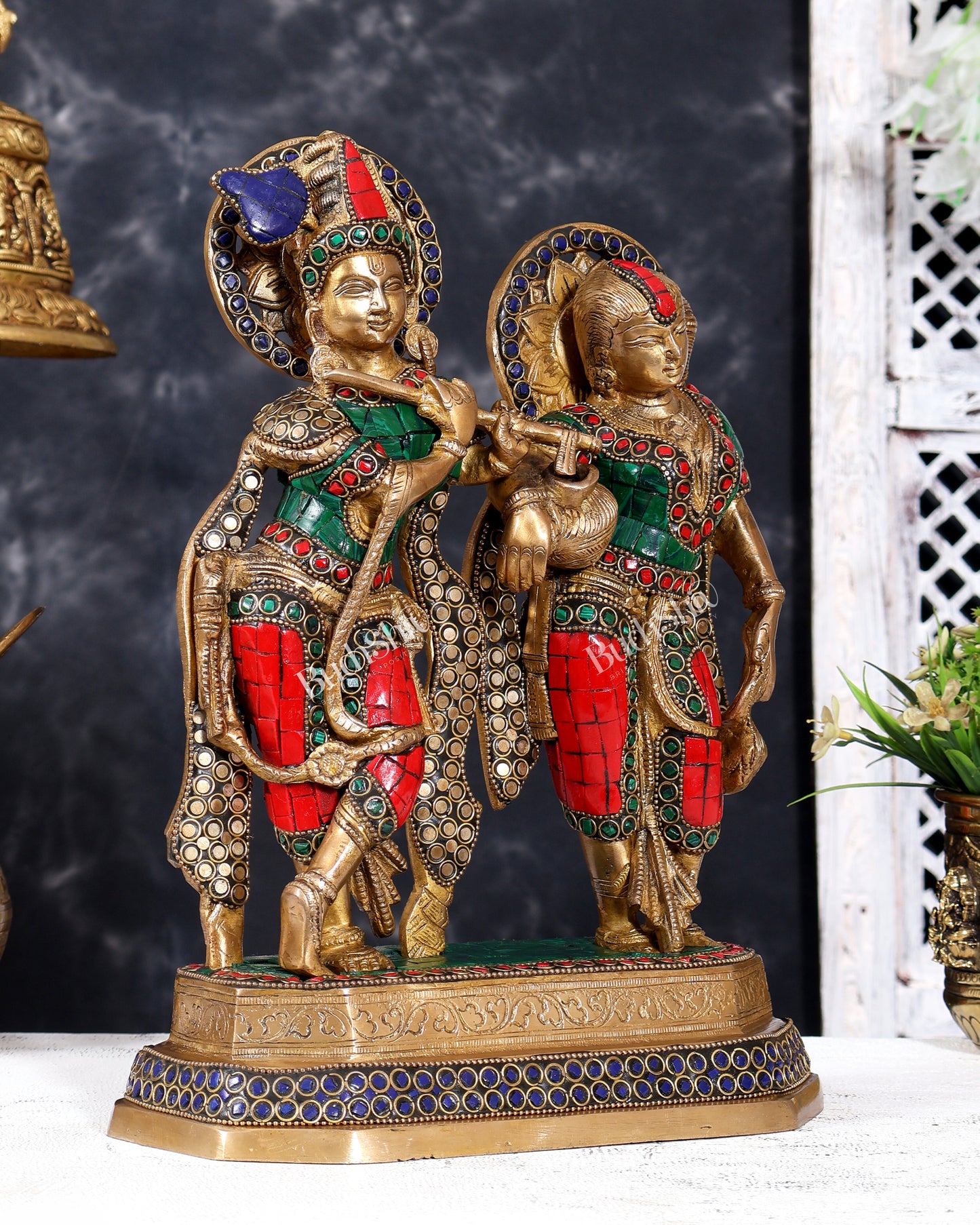 Brass Unique Radha Krishna Statue with Meenakari Stonework 12 inch