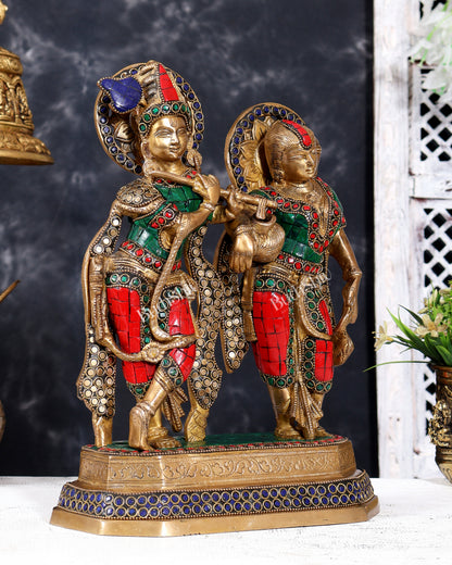 Brass Unique Radha Krishna Statue with Meenakari Stonework 12 inch