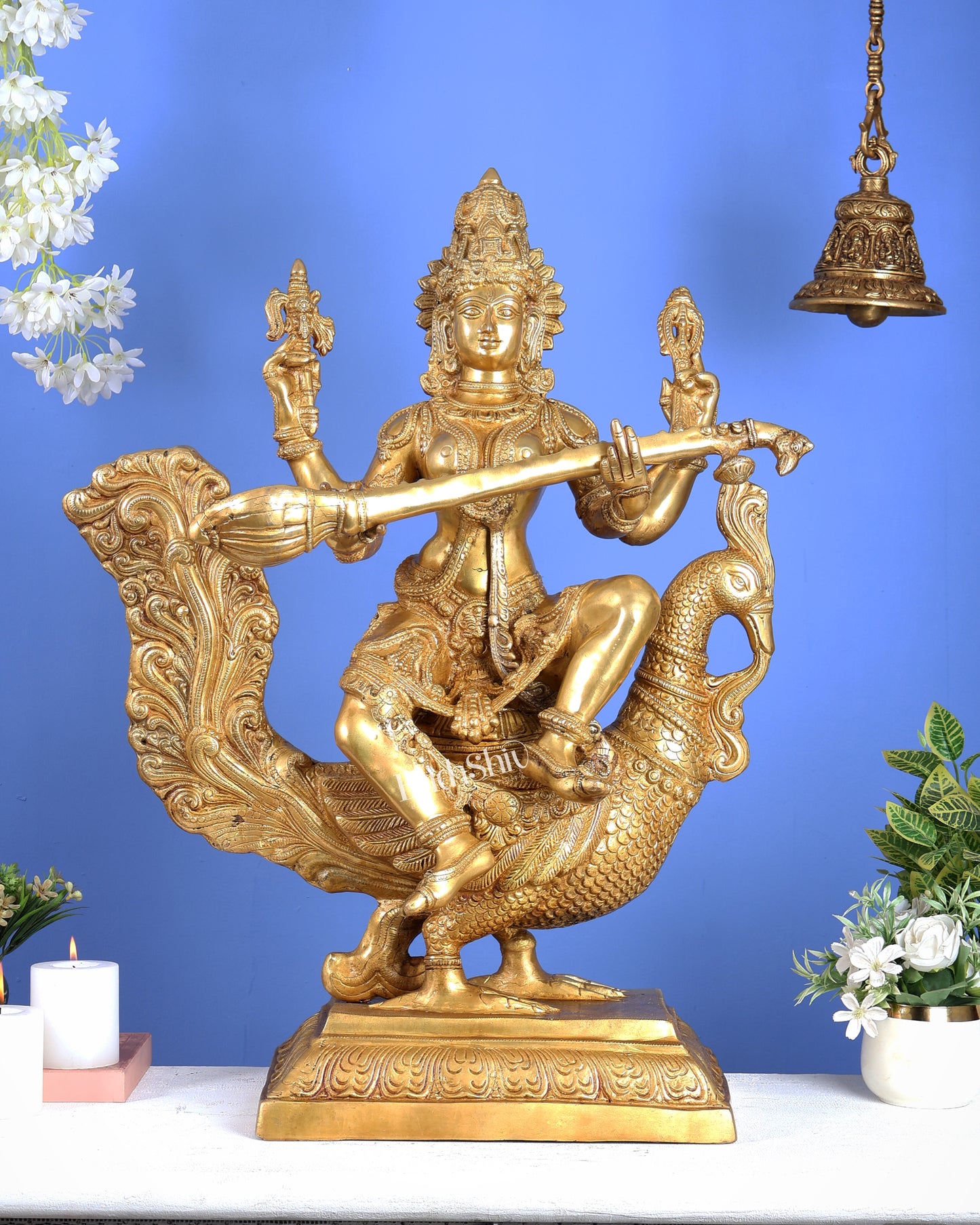 Brass Goddess Saraswati Statue Majestic 30" Tall bright golden tone