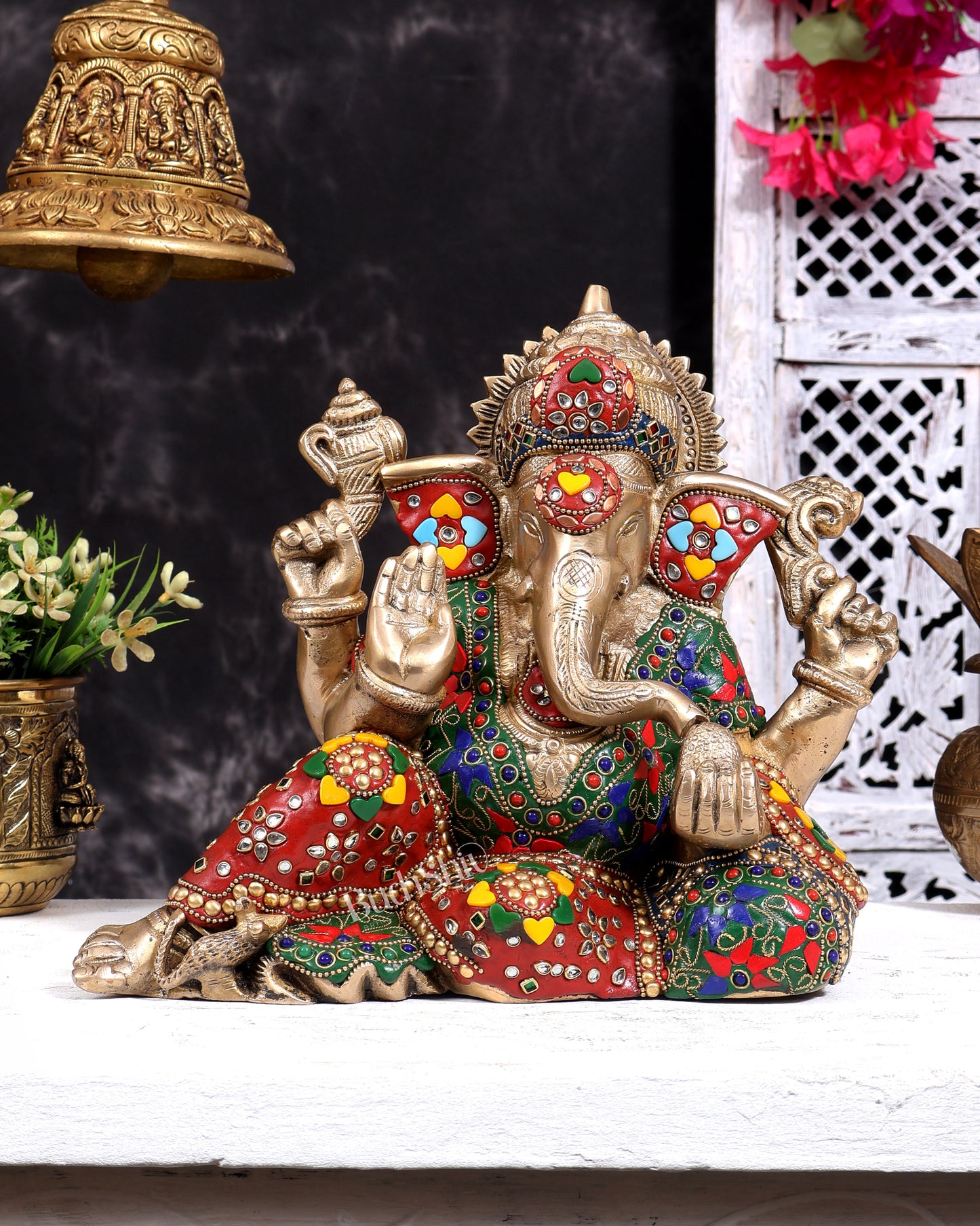 Brass Resting Ganesha Statue with meenakari Stonework 10 inch