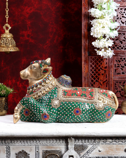 Brass Superfine Nandi Sculpture with Enhanced Carvings 18 inch with Stonework