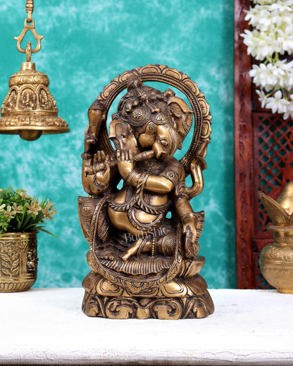 Antique Finish Brass Unique Ganesha Statue Playing Flute 13.1 inch