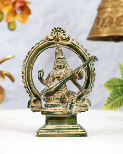 Brass Traditional Goddess Saraswati Idol – Vintage Green Sand Finish Miniature Statue (4.3 Inches)
