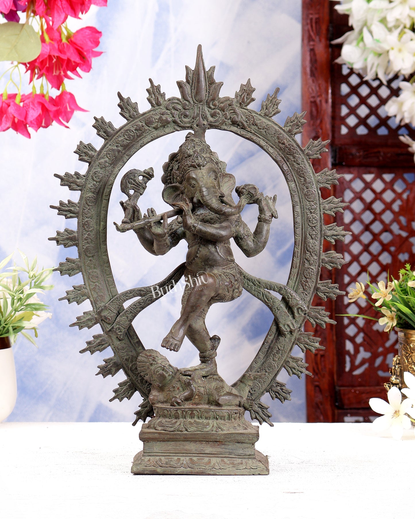Bronze Dancing Ganesha Nataraja Playing Flute  Arch – Patina Finish 13 inch