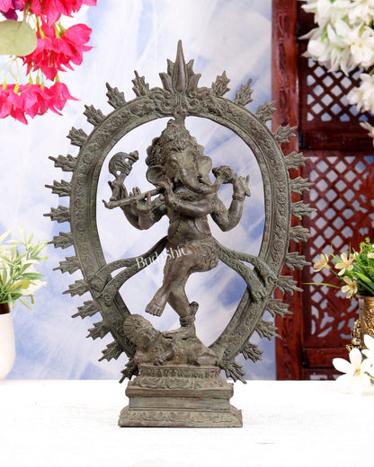 Bronze Dancing Ganesha Nataraja Playing Flute  Arch – Patina Finish 13 inch