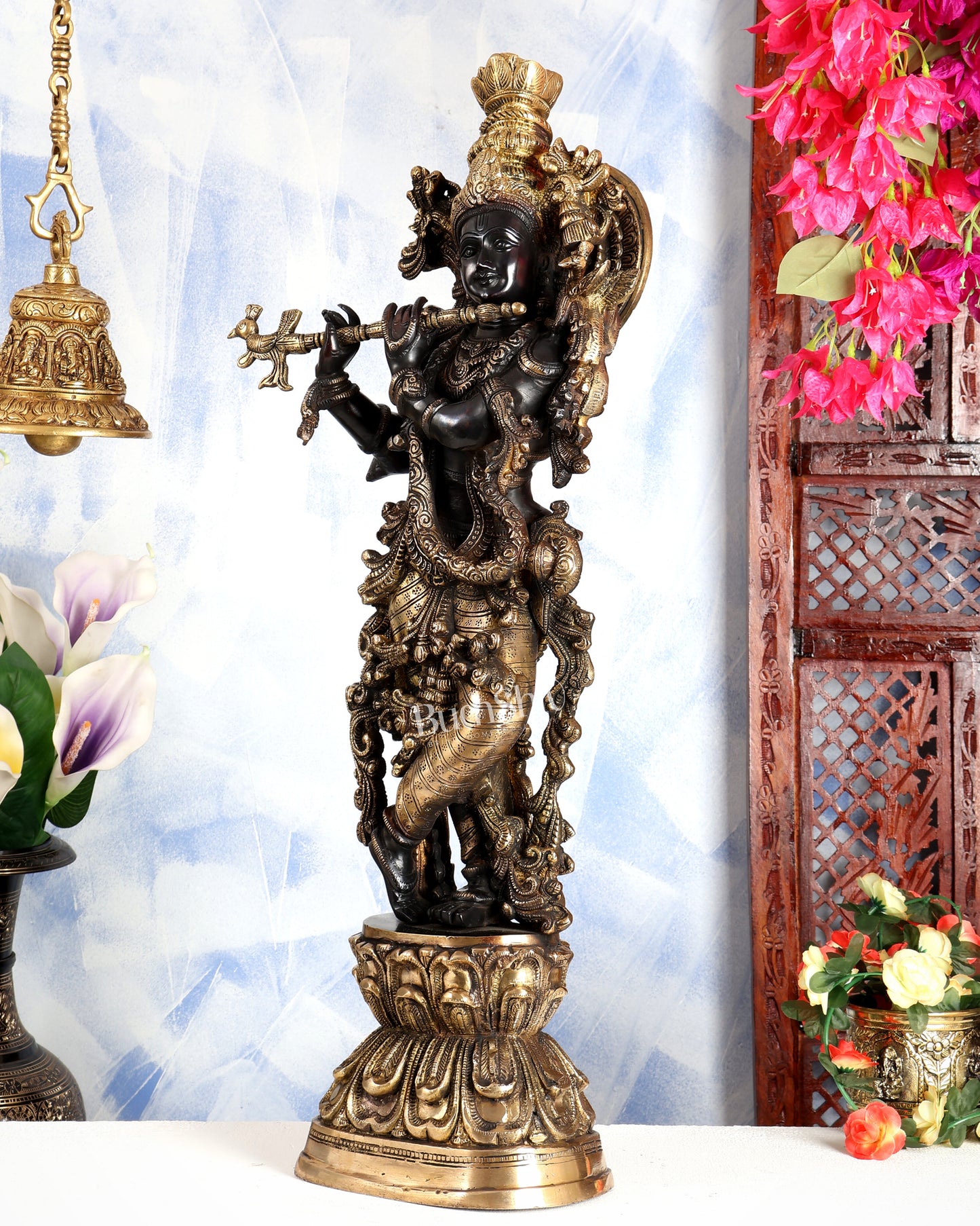 Premium Brass Lord Krishna Statue – Midnight Black Finish Handcrafted Divine Sculpture 30 inch