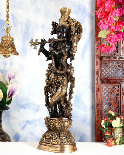 Premium Brass Lord Krishna Statue – Midnight Black Finish Handcrafted Divine Sculpture 30 inch