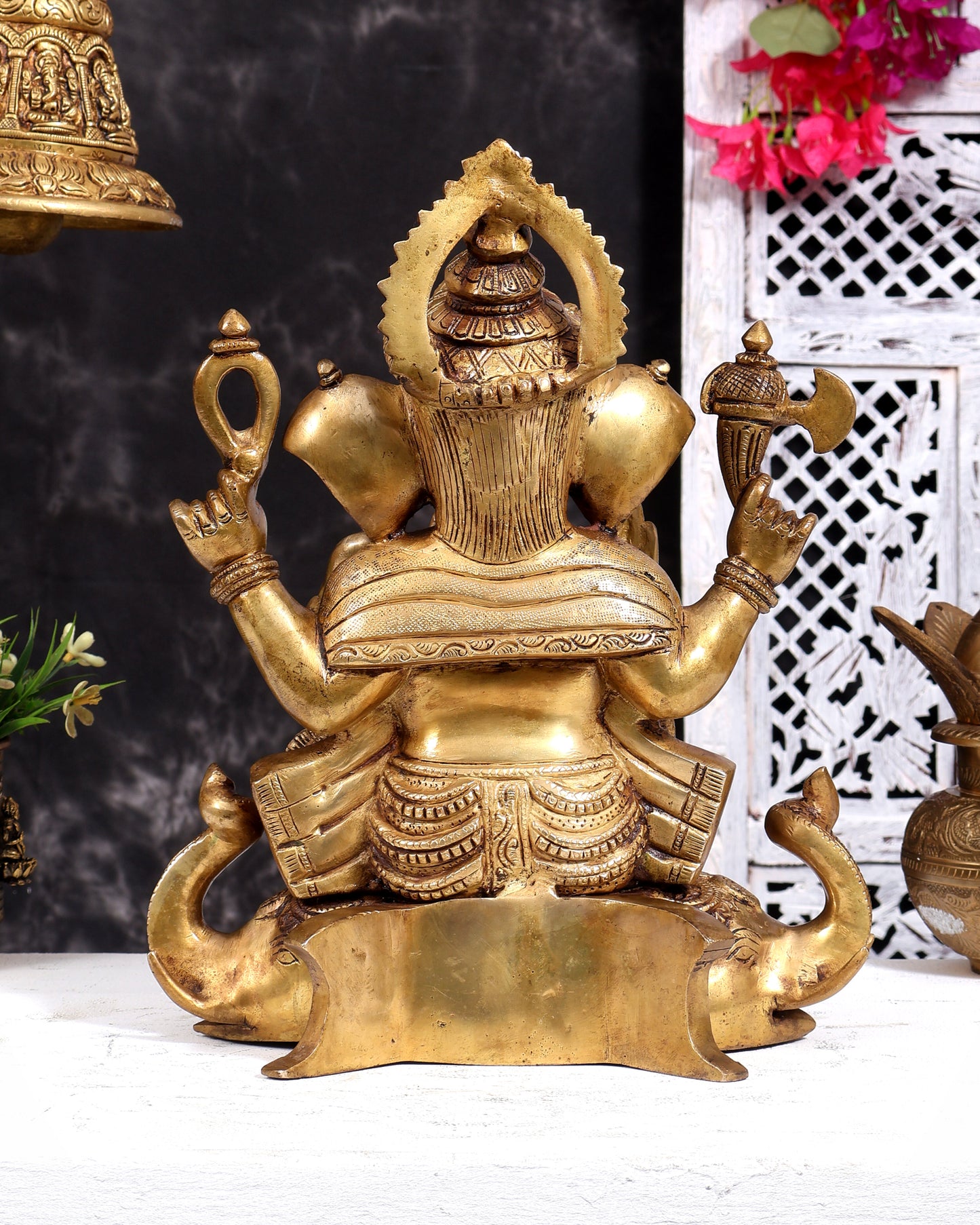 Brass Lord Ganesha on Elephant Heads Aasan – 12.5 inch