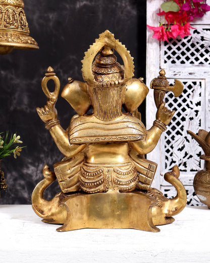 Brass Lord Ganesha on Elephant Heads Aasan – 12.5 inch