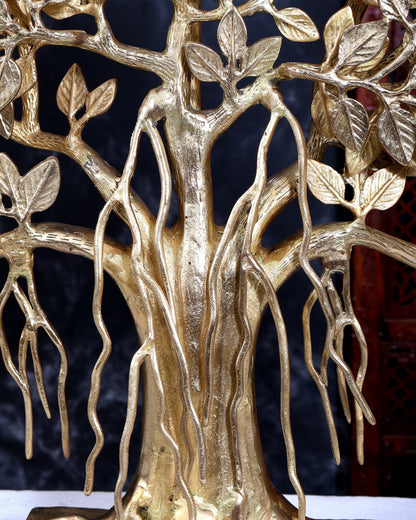 Brass Superfine Large Kalpavriksha Tree Tabletop Artefact | Birds & Hanging Roots 28 inch
