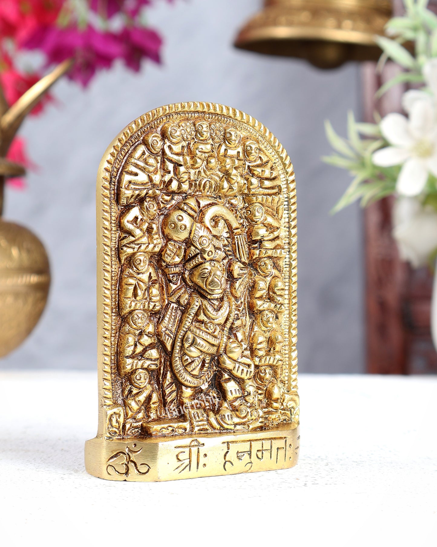 Brass Hanuman Ji Pindi Roop Kawach Murti with Vaanar Sena Carvings & Hanuman Mantra – Energised Protective Statue 4 inch