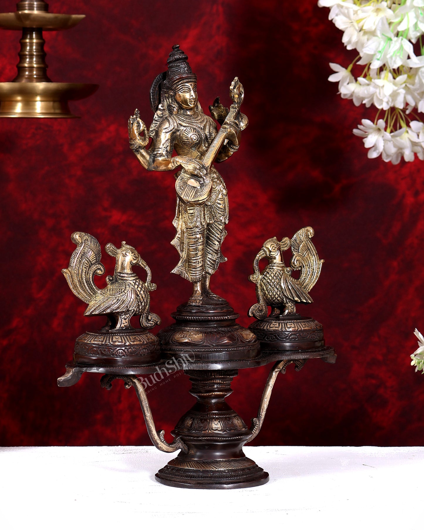 Brass Saraswati with Two Swans — Unique Statue 14.5 inch dual tone
