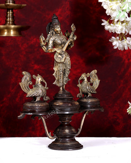 Brass Saraswati with Two Swans — Unique Statue 14.5 inch dual tone