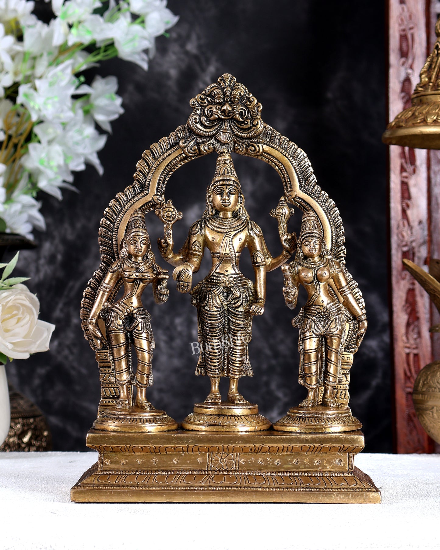 Brass Lord Vishnu with Bhudevi & Sridevi Idol with Ornate Frame – Handcrafted Divine Sculpture 10 inch