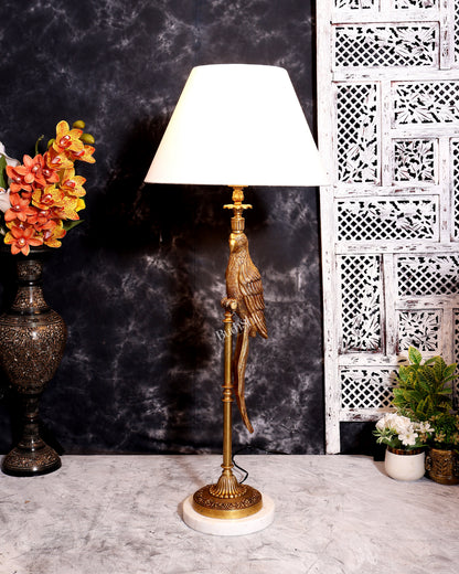 Suvarna Shuka — Designer Brass Parrot Table Lamp with White Shade & Marble Base