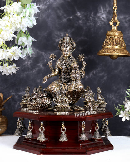 Brass Superfine Mahalakshmi with Ashtalakshmi Idols on Teak Wood Base with Hanging Bells – Divine Prosperity Ensemble (15 Inches)
