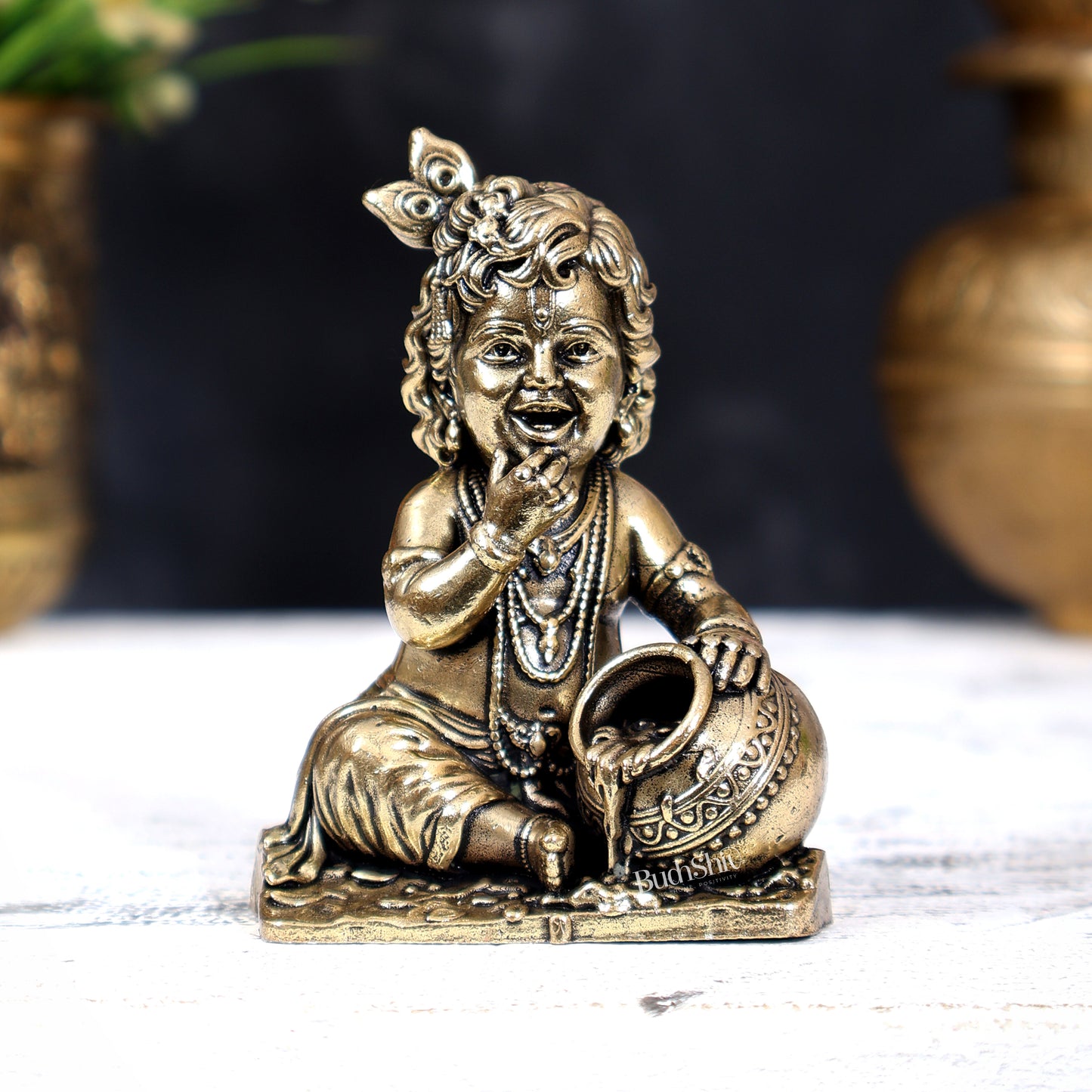 Brass Superfine Makhan Chor Bal Gopal — Baby Krishna Idol 3 inch