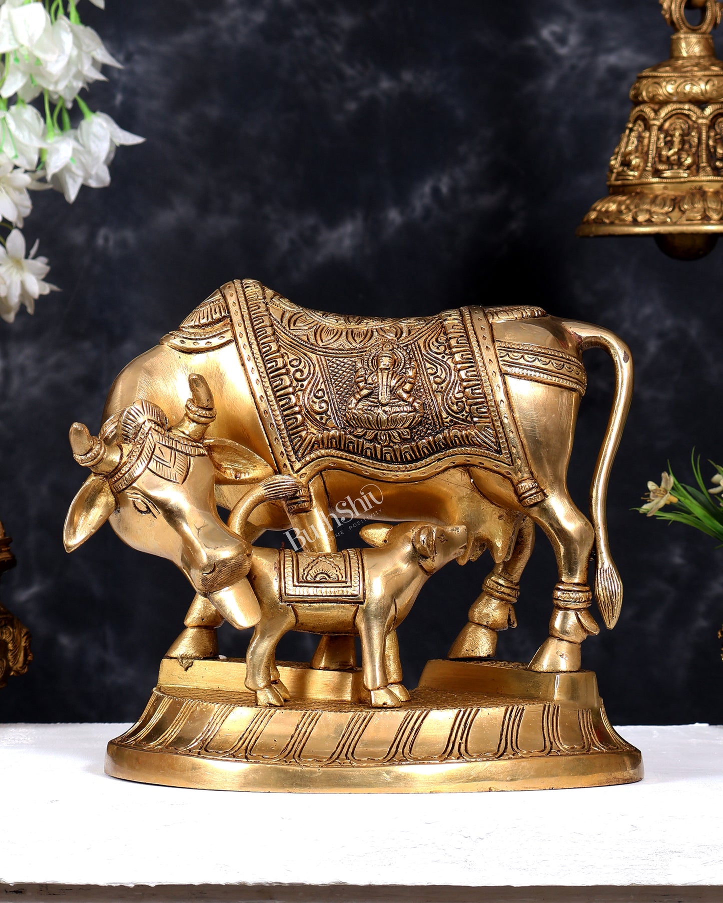 Pure Brass Superfine Kamdhenu Cow with Calf - 10 inch enhanced carvings