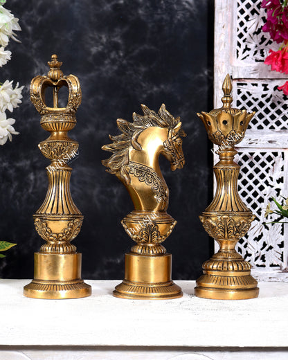 Brass Chess King, Queen & Knight — Decorative Showpiece Set 13 inch