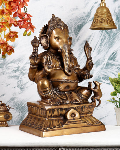 Traditional Brass Ganesha Statue in Antique Finish – Grand Handcrafted Divine Sculpture (21.5 Inches)