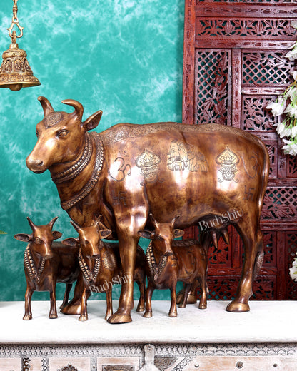 Pure Brass Large cow Statue with calves with carvings 29 inch Antique tone with carvings