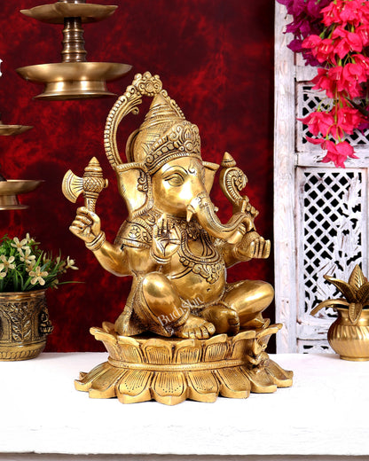 Heavy Brass Lord Ganesha on Lotus Statue — Sharp Features 15 inch