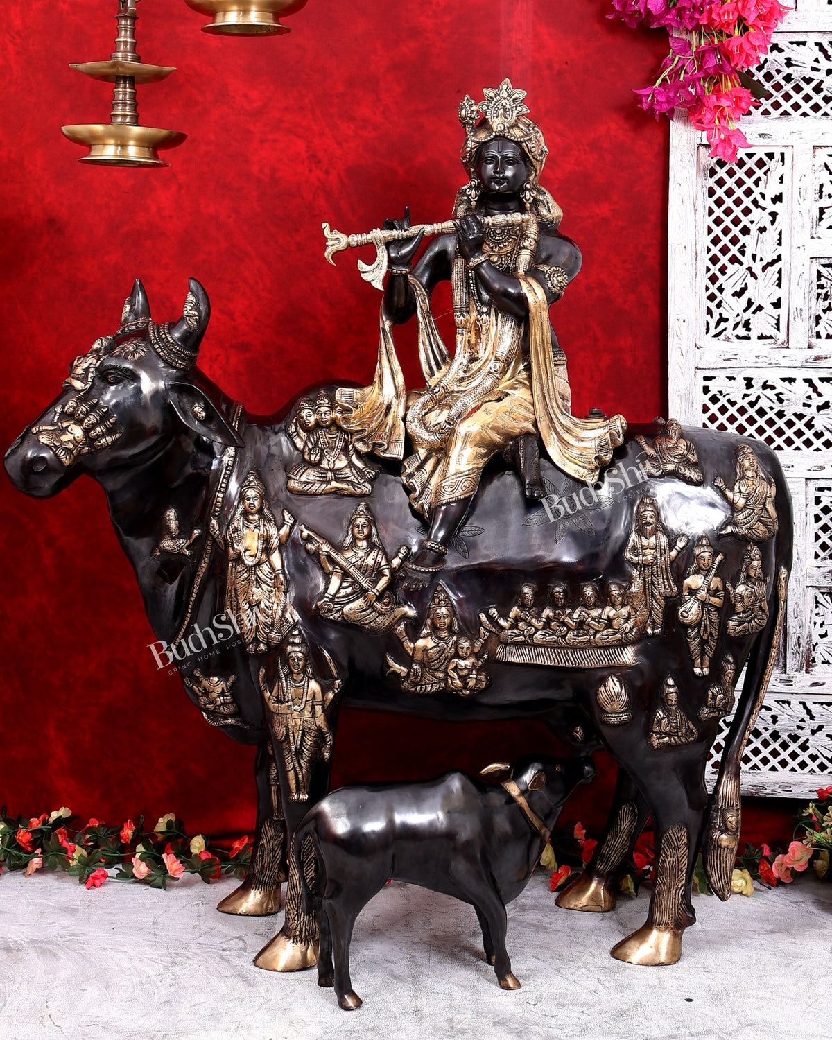 Brass Large Krishna Sitting on Cow Statue — Black and Gold Finish 43 inch tall