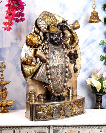 Brass Large Shrinath Ji Statue – Permanent Black & Golden Finish with Pichwai Style Base 36 inch