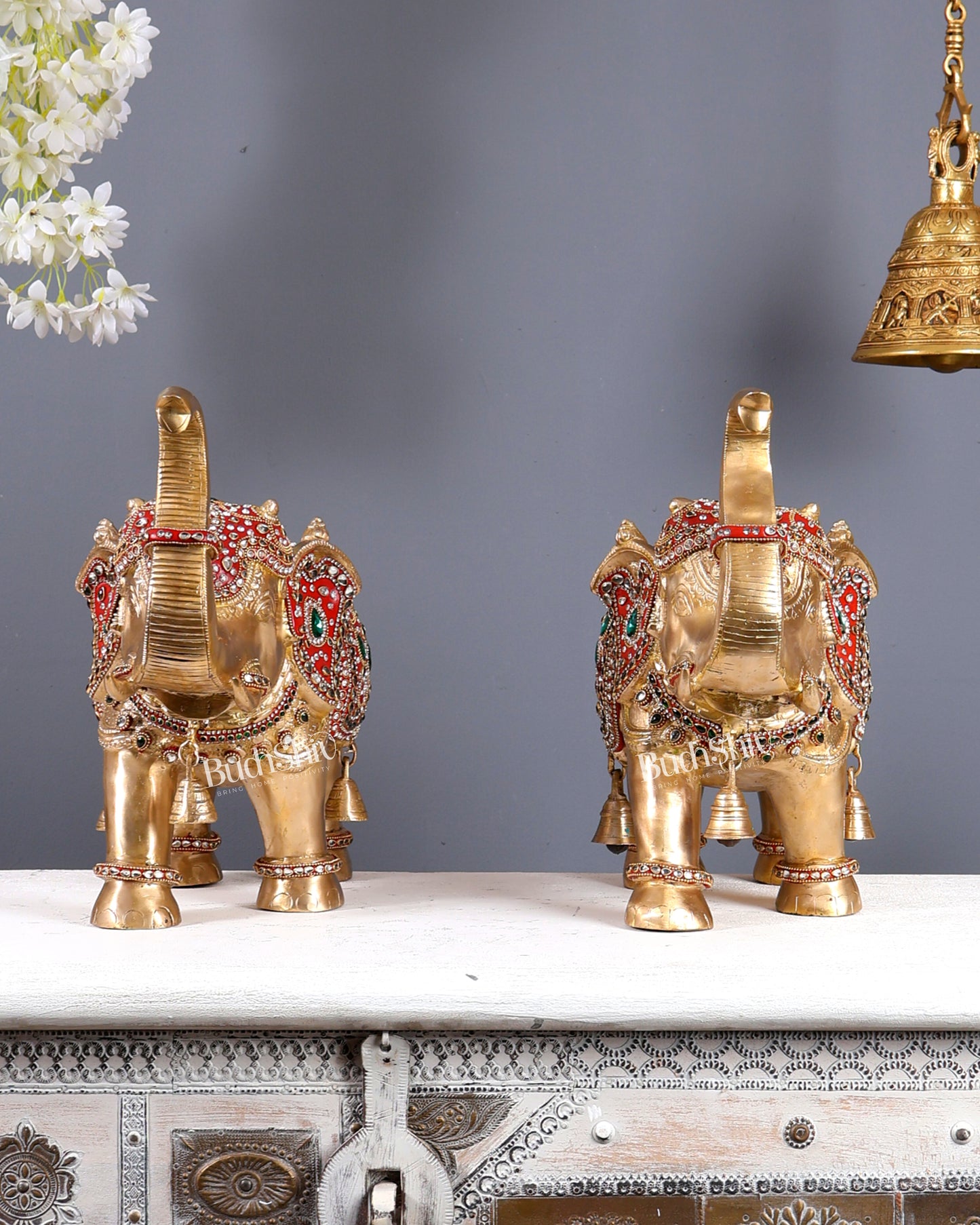 Brass Maharaja Elephant Pair – Rajasthani Meenakari & Stone Work Royal Décor Set (12.5 Inches)