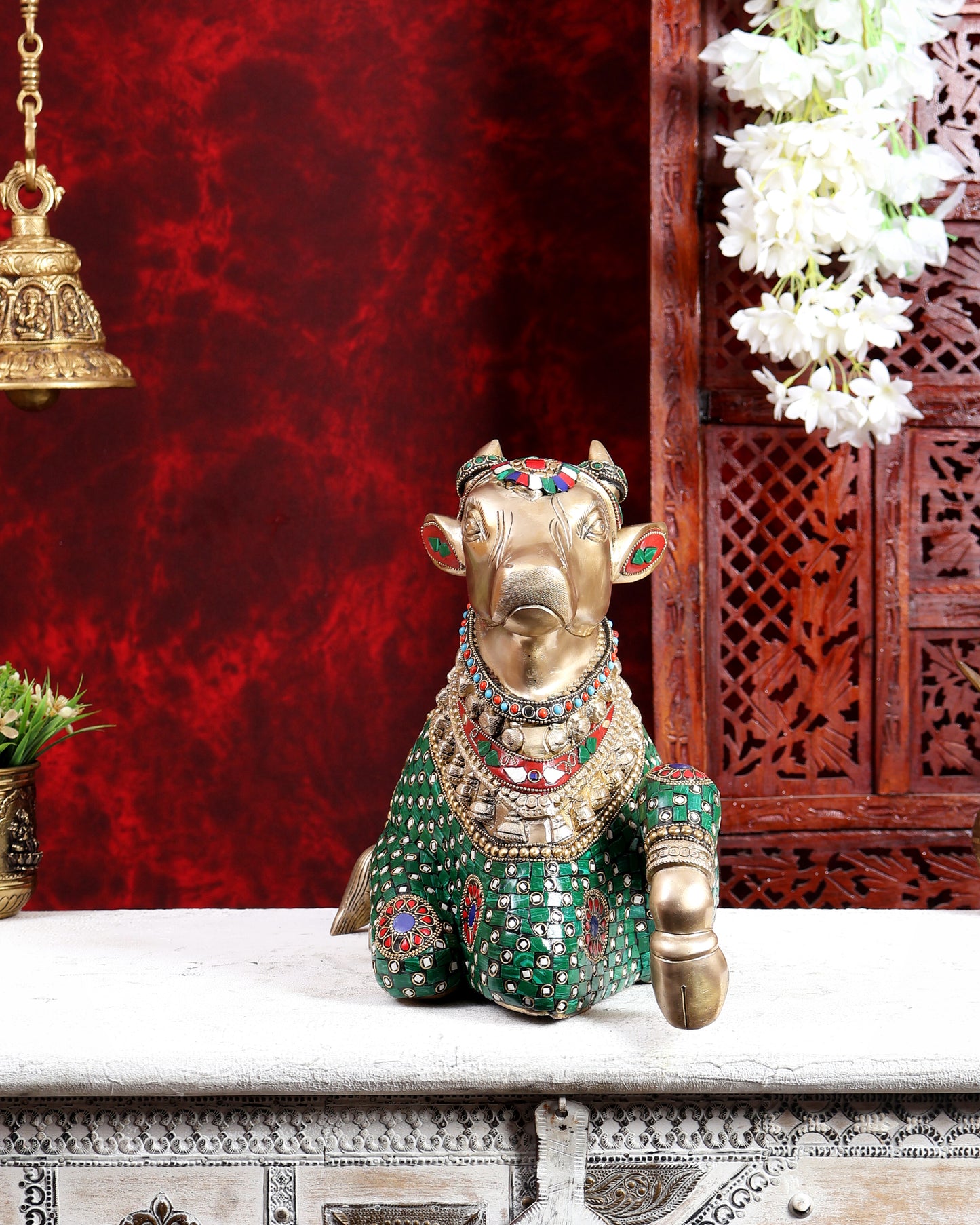 Brass Superfine Nandi Sculpture with Enhanced Carvings 18 inch with Stonework