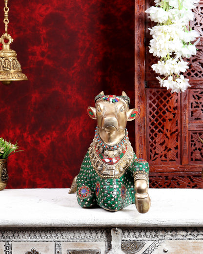 Brass Superfine Nandi Sculpture with Enhanced Carvings 18 inch with Stonework