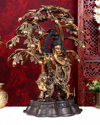 Dual Tone Brass Krishna with Cow Under Large Tree | 22 Inch Statue