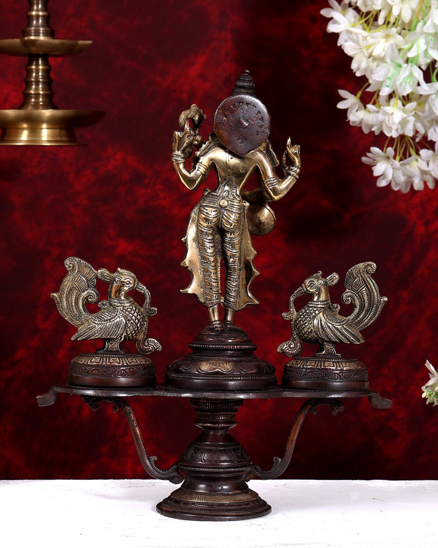 Brass Saraswati with Two Swans — Unique Statue 14.5 inch dual tone