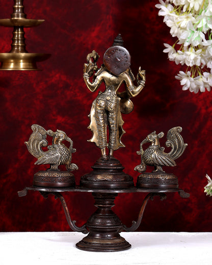 Brass Saraswati with Two Swans — Unique Statue 14.5 inch dual tone